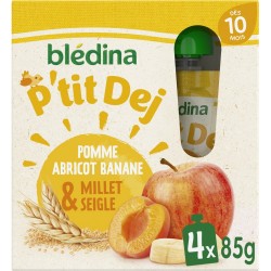 BLEDINA Compote bébé dès 10 mois pomme abricot banane et millet seigle les 4 gourdes de 85g