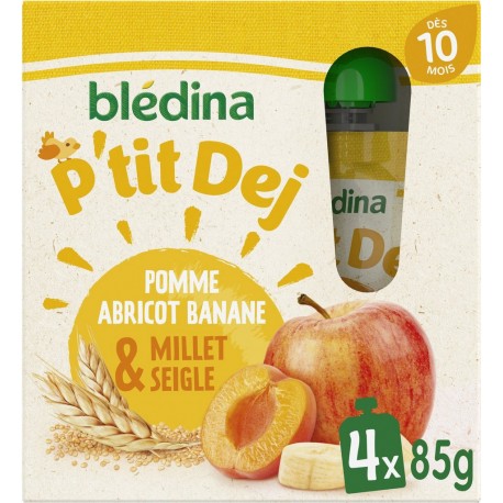 BLEDINA Compote bébé dès 10 mois pomme abricot banane et millet seigle les 4 gourdes de 85g