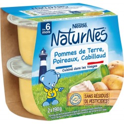 NATURNES Plat bébé pommes de terre, poireaux, cabillaud les 2 pots de 190g