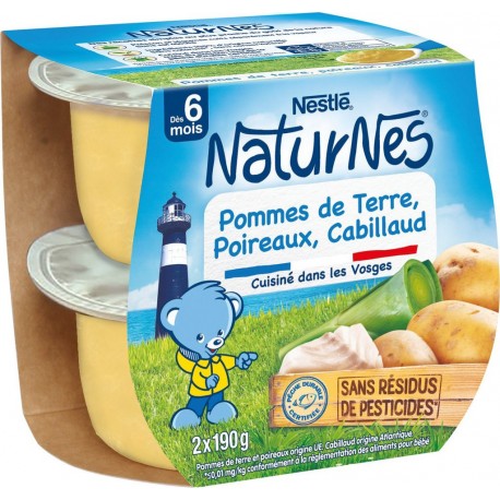 NATURNES Plat bébé pommes de terre, poireaux, cabillaud les 2 pots de 190g
