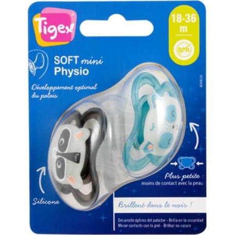 TIGEX Sucettes silicone bleu/gris 18 mois+ Nuit Soft Touche