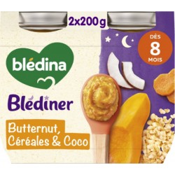 BLEDINA Plat Bébé Dès 8 mois Petits Morceaux Butternut Céréales et Coco Blediner 2x200g