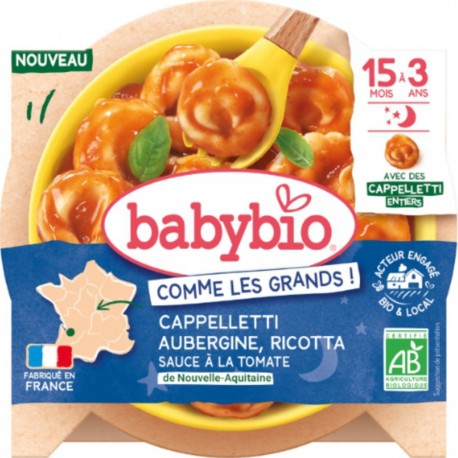 BABYBIO Plat bébé dès 15 mois Cappelletti Aubergine Ricotta Sauce à la Tomate Comme Les Grands 190g
