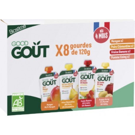 GOOD GOUT Compote Bébé en Gourde dès 4 mois Mangue Poire Clémentine Fraise Banane Pomme Coing Bio Biostime 8×120g