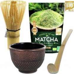 AROMANDISE Coffret Thé Matcha + Fouet + Cuillère En Bambou + Tasse Noir & Violet
