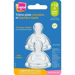 TIGEX Tétine plate silicone base large liquide épais et céréales dès 12 lot de 2 tétines