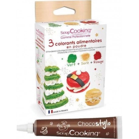SCRAPCOOKING 3 Colorants En Poudre Vert, Rouge Et Doré + 1 Stylo Chocolat