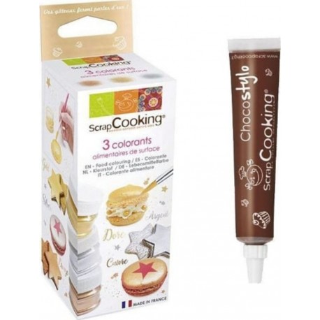SCRAPCOOKING 3 Colorants Alimentaires De Surface Doré, Argenté, Cuivré + 1 Stylo Chocolat