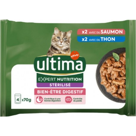 ULTIMA Pâtée pour Chat Adulte Stérilisé Thon Saumon Bien Etre Digestif