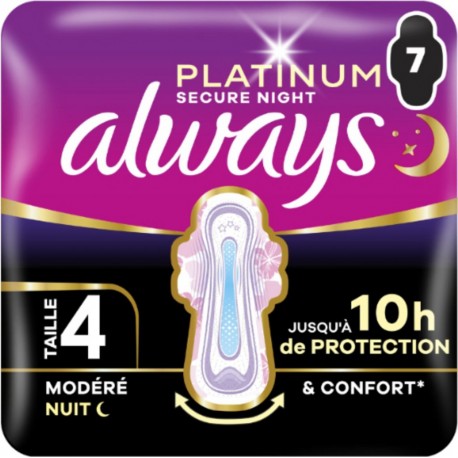 ALWAYS Serviettes Hygiéniques avec Ailettes Flux Modéré Taille 4 Platinium Secure Night