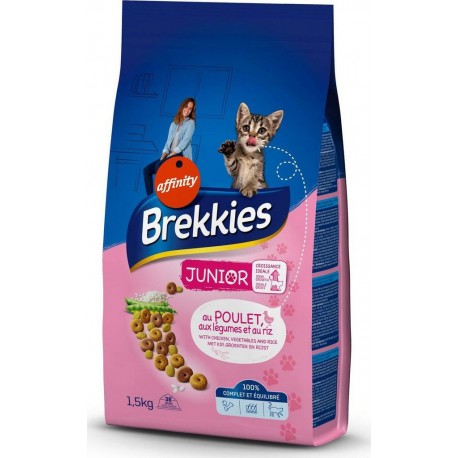 BREKKIES Chats Junior Croquettes au Poulet Légumes Riz 1,5Kg