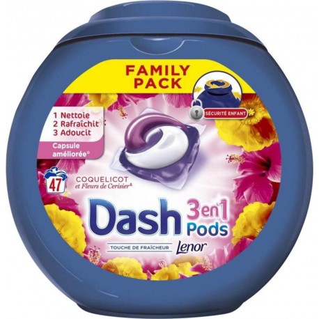 Dash Lenor 3en1 Pods Coquelicot Et Fleurs De Cerisier Pack Family (lot de 94 doses)