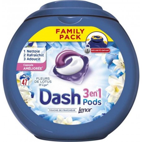 Dash Lenor 3en1 Pods Fleurs De Lotus et Lys Pack Family (lot de 2 soit 94 doses)