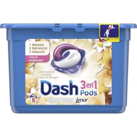 Dash Lenor 3en1 Pods Orchidée Dorée et Fleurs De Moringa (lot de 32 doses)