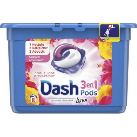 Dash Lenor 3en1 Pods Coquelicot et Fleurs De Cerisier (lot de 36 doses)