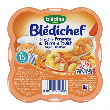 Blédina Blédichef Emincé de Pommes de Terre et Poulet Façon Chasseur (dès 15 mois) l’assiette de 250g (lot de 8)