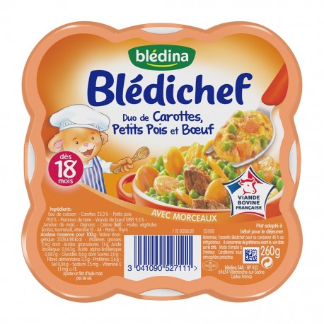 Blédina Blédichef Duo de Carottes Petits Pois et Boeuf (dès 18 mois) l’assiette de 260g (lot de 8)