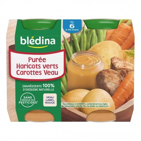 Blédina Purée Haricots Verts Carottes Veau (de 6 à 36 mois) par 2 pots de 200g (lot de 8 soit 16 pots)