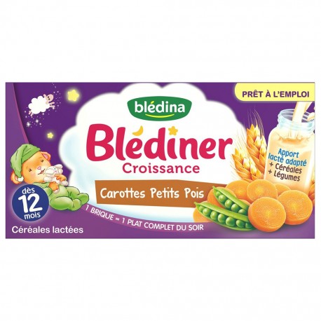 Blédina Blédiner Croissance Carottes Petits Pois Céréales Lactées (dès 12 mois) par 2 briques de 250ml (lot de 6 soit 12 briques