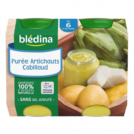 Blédina Purée Artichauts Cabillaud (de 6 à 36 mois) par 2 pots de 200g (lot de 8 soit 16 pots)