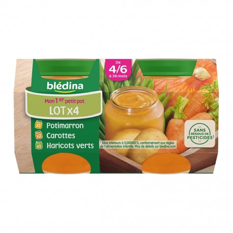 Blédina Mon 1er Petit Pot Assortiment Potimarron Carottes Haricots Verts (de 4/6 à 36 mois) par 4 (lot de 6 soit 24 pots)