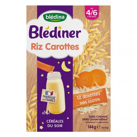 Blédina Blédiner Riz Carottes Sans Glutten (de 4/6 à 36 mois) par 12 dosettes 144g (lot de 6 soit 72 dosettes)