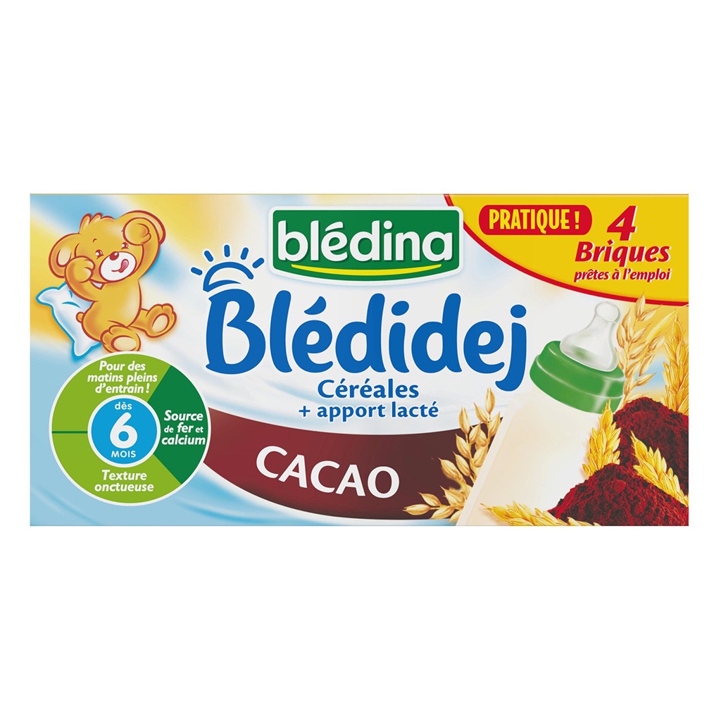 Blédina Blédidej Céréales + Apport Lacté Saveur Cacao (dès 6 mois) par 4  briques de 250ml (lot de 4 soit 16 briques) 
