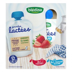 Blédina Gourdes Lactées Nature Sucré et Fraise (de 12 à 36 mois) par 4 gourdes de 85g (lot de 4 soit 16 gourdes)