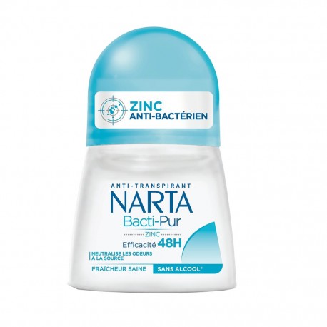 Narta Roll-on Anti-Transpirant Bacti-Pur Zinc Efficacité 48h Fraîcheur Saine 50ml (lot de 4)