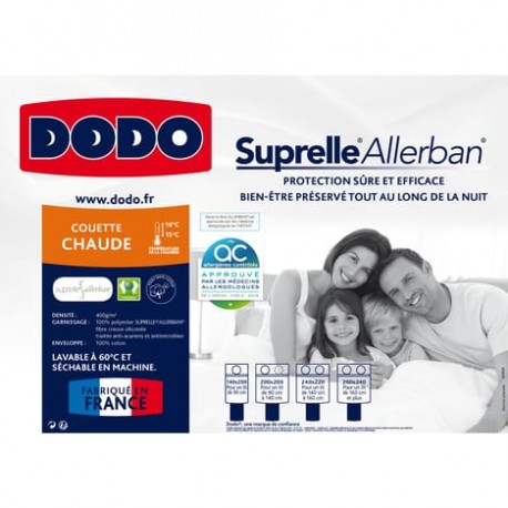 DODO Couette chaude 400g/m² anti allergique SUPRELLE 140x200cm