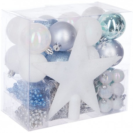 Féerie Christmas Kit de décoration pour Sapin de Noël Bleu Blanc et Gris 44 pièces