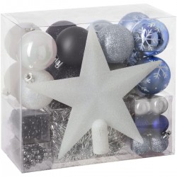 Féerie Christmas Kit de décoration pour Sapin de Noël Bleu Blanc et Noir 44 pièces