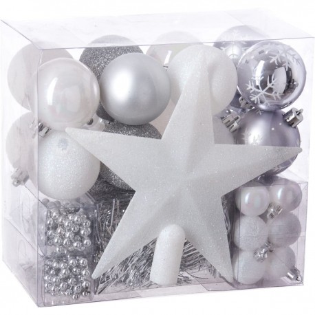 Féerie Christmas Kit de décoration pour Sapin de Noël Blanc et Gris 44 pièces (lot de 4)