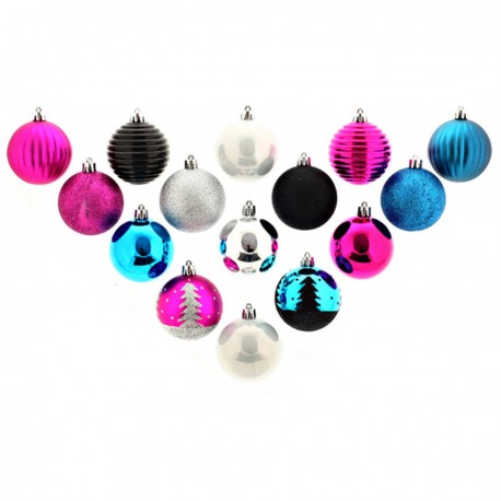 Atmosphera Kit de décoration pour Sapin de Noël Turquoise Fuchsia Argent et Noir 15 pièces (lot de 2)