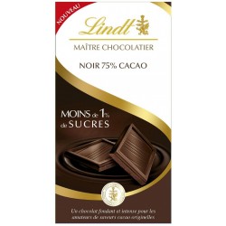 Lindt Maître Chocolatier Noir 75% Cacao Moins de 1% de Sucres 100g (lot de 6)