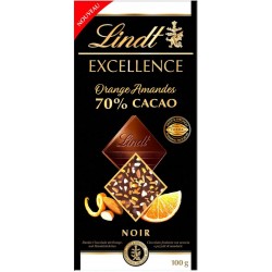 Lindt Excellence Noir Orange Amandes 70% Cacao 100g (lot de 4)