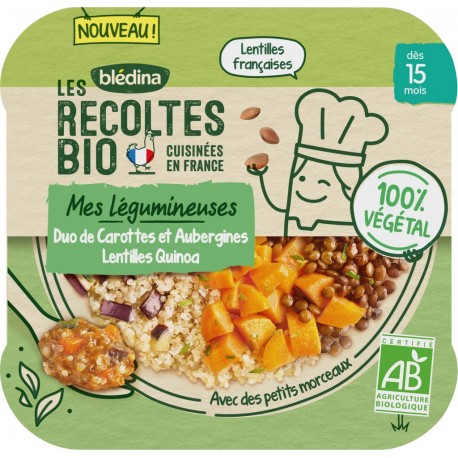 Bledina Repas bébé dès 15 Mois duo de carottes et aubergines lentilles quinoa Bio