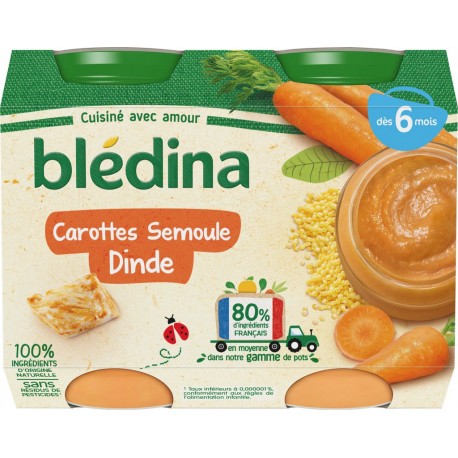 Bledina Petits pots bébé dès 6 mois, carottes semoule dinde x2 200g