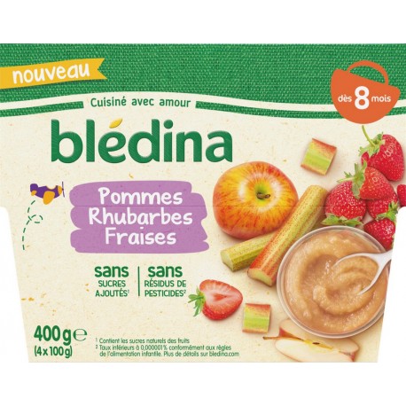 Bledina Dessert pour bébé dès 8 Mois compote de rhubarbes & fraises s/s ajoutés 100g x4