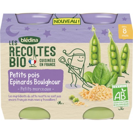 Bledina Repas bébé dès 8 Mois Petits Pois Epinards & Boulghour LES RECOLTES Bio