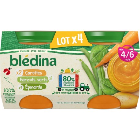 Bledina Petits pots bébé dès 4 mois, carottes, épinard & Haricots Verts