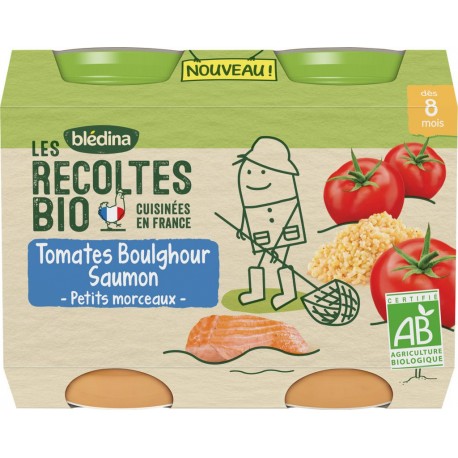 Bledina Plat bébé Bio dès 8 mois, tomates boulghour & saumon petits morceaux, les récoltes