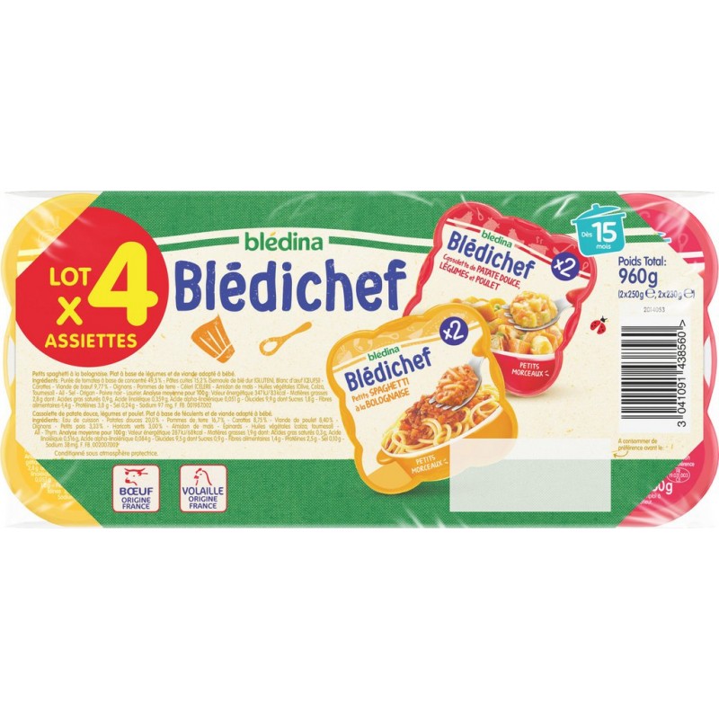 Blédina - Blédi'chef Cassolette Patate Douce Legumes Poulet / Spaghetti  Bolognaise Assiette Bébé Dès 15 mois