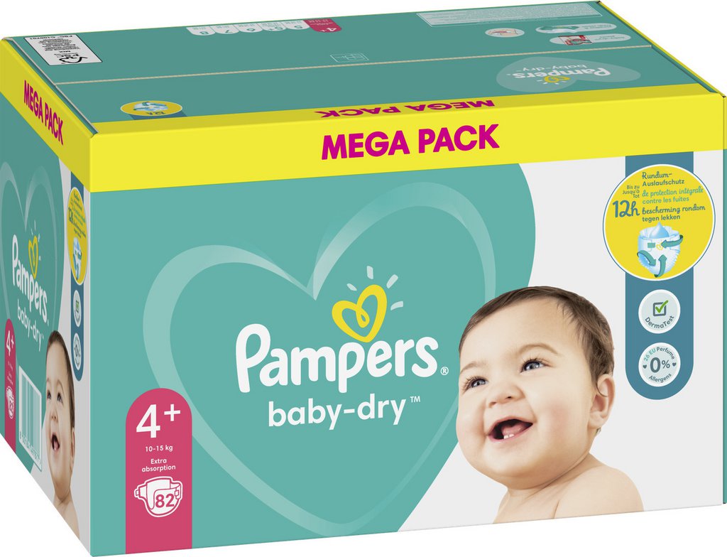 Pampers Couches bébé taille 4+ 10-15Kg Baby-Dry x82 