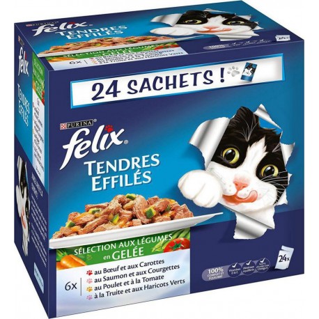 Felix Tendres Effilés en Gelée Viandes-Poissons avec Légumes Sachets Fraîcheur pour Chat Adulte 24x100g (lot de 3)