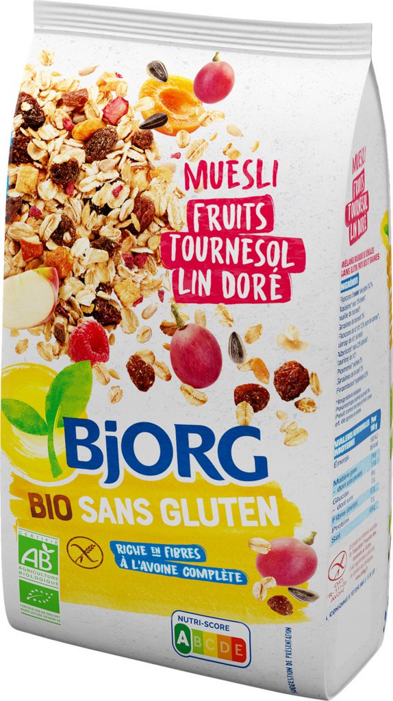 Bjorg Muesli fruits, tournesol, lin doré, sans gluten, bio 