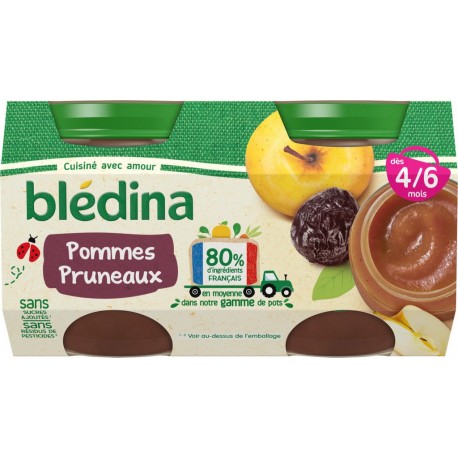 Bledina Compotes bébé dès 4 mois pomme pruneaux 4 pots de 130g (lot de 6)