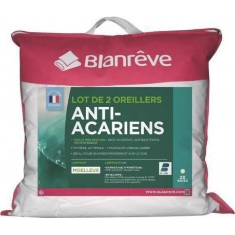 Blanrêve Oreiller Anti-Acariens Moelleux Microfibre 60x60cm (lot de 2)