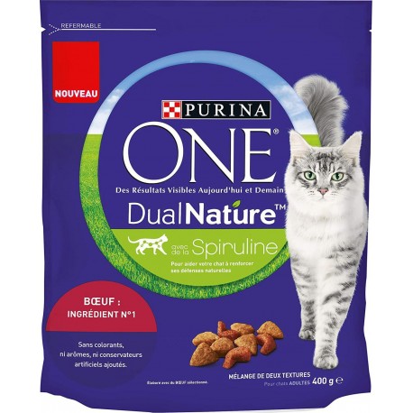 PURINA ONE DUALNATURE avec de la Spiruline au Bœuf 400g croquettes pour chat adulte (lot de 10)