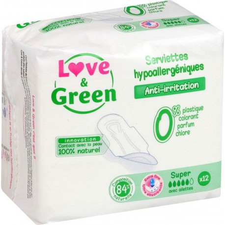 Love & Green Serviettes Hypoallergéniques Anti-Irritation Super x12 (lot de 48 serviettes)